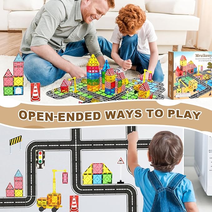 Magnetic Tiles Road Set Kids Toys, Magnetic City Construction Toys with Magnet Crane for 3+ Year Old Boys Girls, STEM Magnet Blocks Building for Kids Ages 3-5 4-8