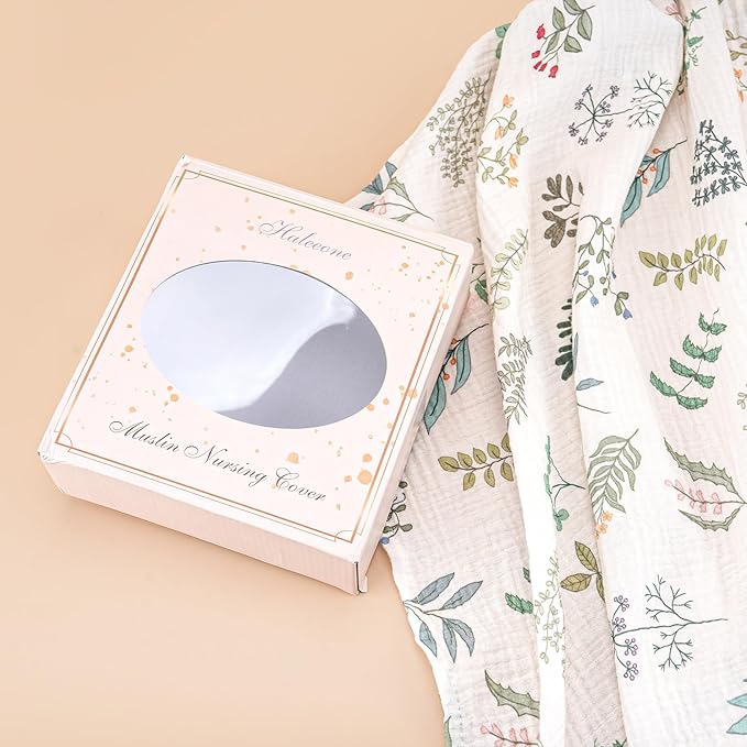 Muslin Nursing Cover for Breastfeeding, Privacy Breathable Breastfeeding Cover with Arch Neckline for Mom, 100% Cotton Nursing Apron, Floral and Green