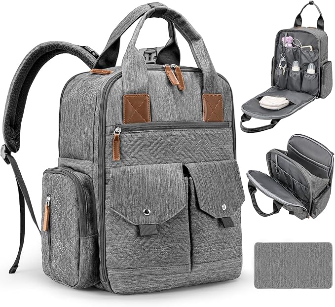 Diaper Bag Backpack - Large Diaper Bag with Portable Changing Pad as Baby Shower Gifts, Lightweight Waterproof Unisex Travel Baby Bag with 4 Insulated Pockets and Stroller Buckles, Dark Grey