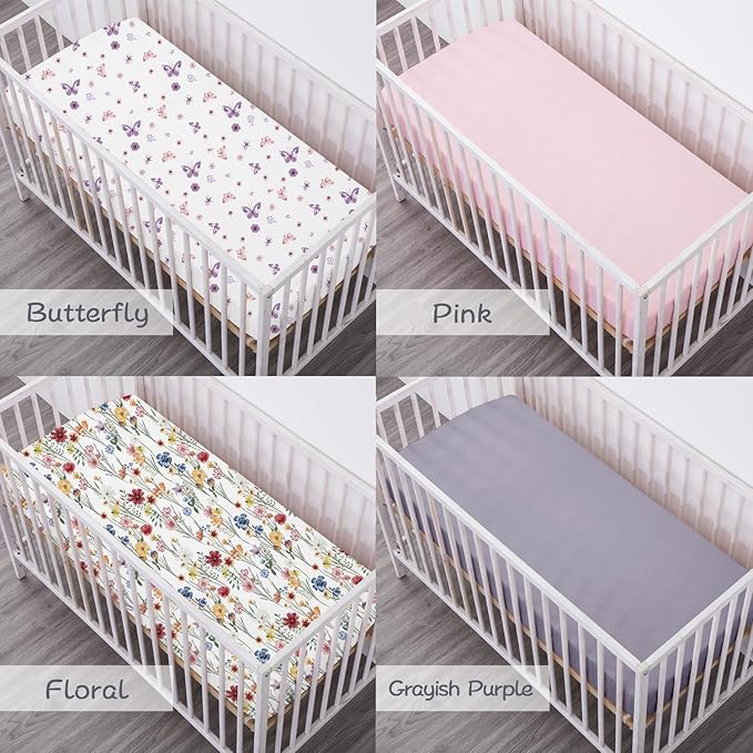 Bimocosy Crib Sheets for Girls, Fitted Crib Sheet 4 Pack for Standard Crib and Toddler Mattresses, Super Soft Breathable Microfiber Baby Sheet 28x52x8in, Butterfly/Floral/Pink/Purple