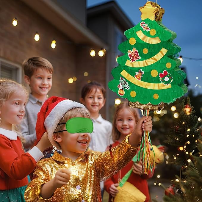 Wernsai Christmas Piata Large Pull String with Blindfold Bat - Cute Tree Design for Christmas Party Games - Green, 16.5' x 12.4'