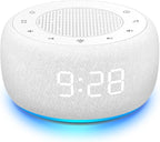 Buffbee Sound Machine & Alarm Clock 2-in-1, 0-100% Clock Face Brightness, Bottom Colored Light, Sleep Timer, Precise 30-Level Volume Control White Noise Machine - White