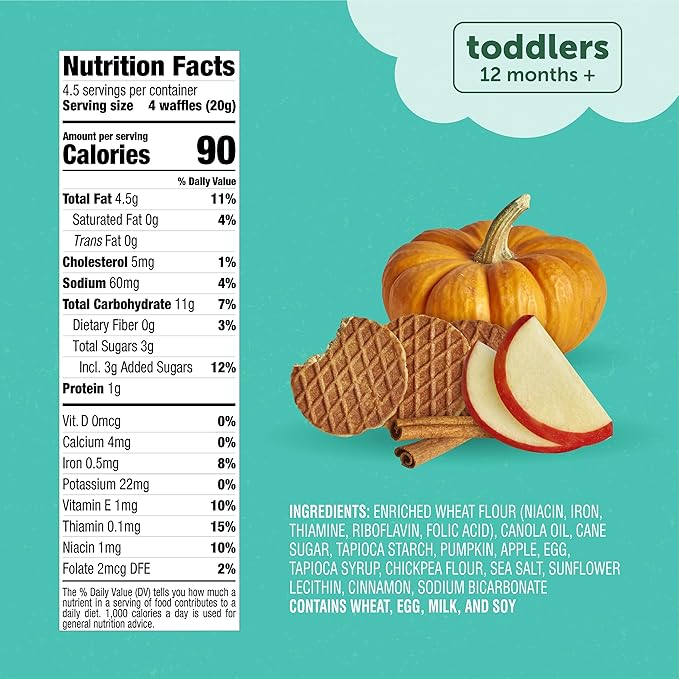 Beech-Nut Toddler Snacks, Mini Waffles with Hidden Veggies, Pumpkin Apple Cinnamon, Non-GMO, 3.2 oz Bag (7 Pack)