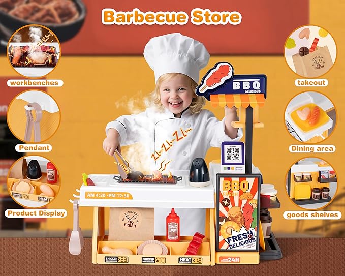 Kids Kitchen Food PlaySet - Simulated BBQ Fast Food Store Toy with Cash Register, Includes Color-Changing Food Sound and Light Effects, Suitable Birthday Gift for Boys and Girls Aged 3-5