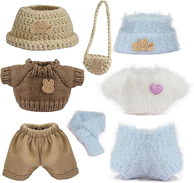 17cm Doll Clothes - 11 Piece Handcrafted Crochet Sweaters Outfit with Accessories Hand Crocheted Hat, Bag, Boys and Girls Stylish Adorable Dolls Clothing Accessories for 17 cm Doll