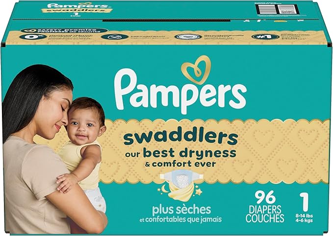 Pampers Swaddlers Diapers, Size 1 (8-14 lbs), 96 Count, Absorbent, Keeps Baby Dry and Comfortable, Skin Safe Disposable Baby Diaper (Packaging May Vary)