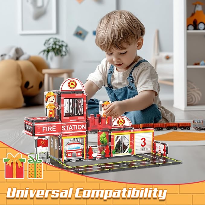 Magnetic Tiles, 50PCS Fire Station Theme Building Blocks Set, Magnet Building Blocks and STEM Preschool Toys for Toddlers Kids Ages 3-5 5-7 8-10