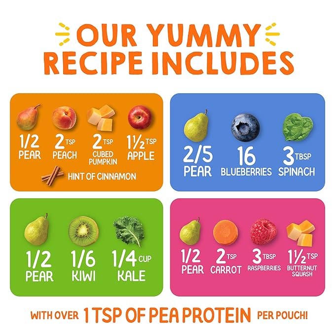 Happy Tot Organics Super Bellies Stage 4, Organics Banana, Carrot and Strawberry (Pack of 16) & Stage 4 Fiber & Protein 4 Flavor Variety Pack (Pack of 16)