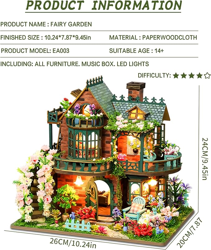 Spilay Miniature Dollhouse Miniature House Kit,DIY Kit Mini Modern Villa Model with Music Box ，Best Christmas Birthday Gift.(Fairy Garden)