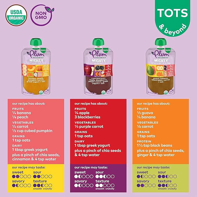 Plum Organics Variety Pack, 12+ Months – Toddler’s Delicious Discovery Flavors – Mighty 4 Organic Fruit & Veggie Pouches – 4 oz Pouch, Pack of 18 (Amazon Exclusive)