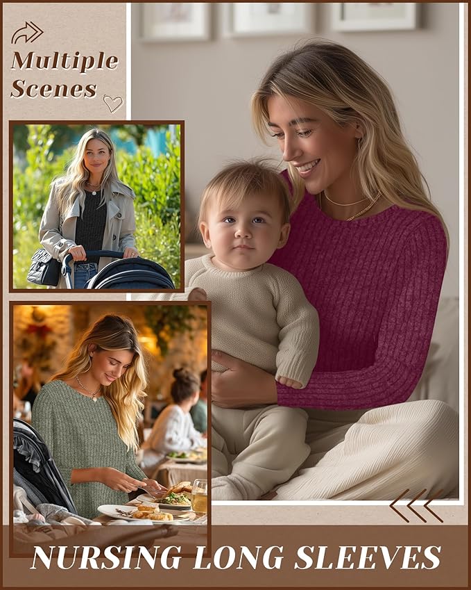 3 Pack Women's Nursing Long Sleeve Tops Breastfeeding Thermal Sweaters with Hidden Zipper Maternity Ribbed Shirts