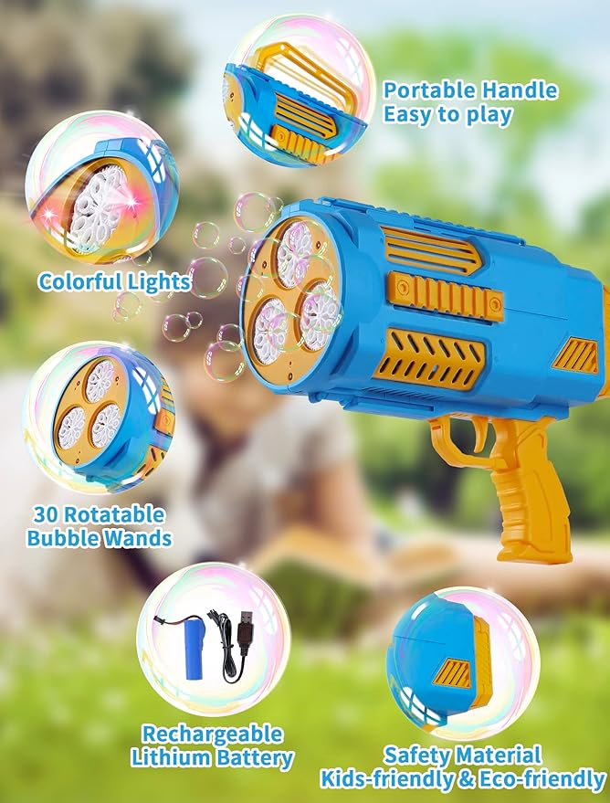 Upgraded Bubble Machine Gun, Built-in Solution, Automatic Blower, 8000+ Bubbles Per Minute for Kids Adults Maker Toys Indoor Outdoor Wedding Birthday Party - Blue