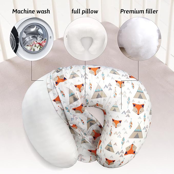 LAT Nursing Pillow for Breastfeeding,100% Cotton Removable Cover,Ergonomic Breast Feeding Pillows for Mom and Baby,Machine Washable(Orange Fox)