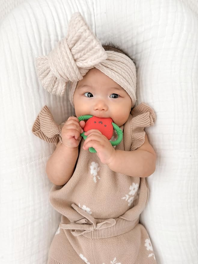 Itzy Ritzy Strawberry-Shaped Baby Teether with Handles; Silicone Teether for Babies with Easy-Grab Handles and Textured, Teethable Surfaces - Baby Teething Toy for 3 Months & Up (Strawberry)