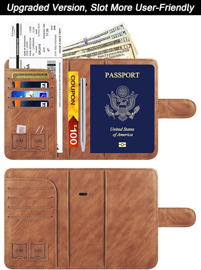 Passport Holder Cover Wallet Travel Essentials Leather Rfid Blocking Case Vacation Luggage Must Haves Travel Accessories for Men Women (120#Brown)
