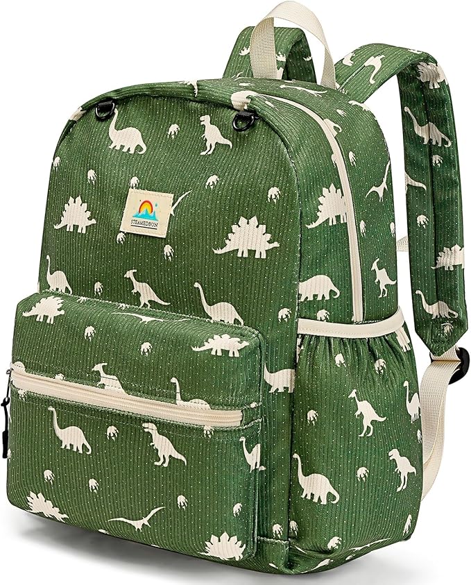 STEAMEDBUN Corduroy Kids Backpack for Girls and Boys 5-8: Boys Backpack for Elementary Kindergarten - 15 inch Cute Backpacks for Kids - Dinosaur
