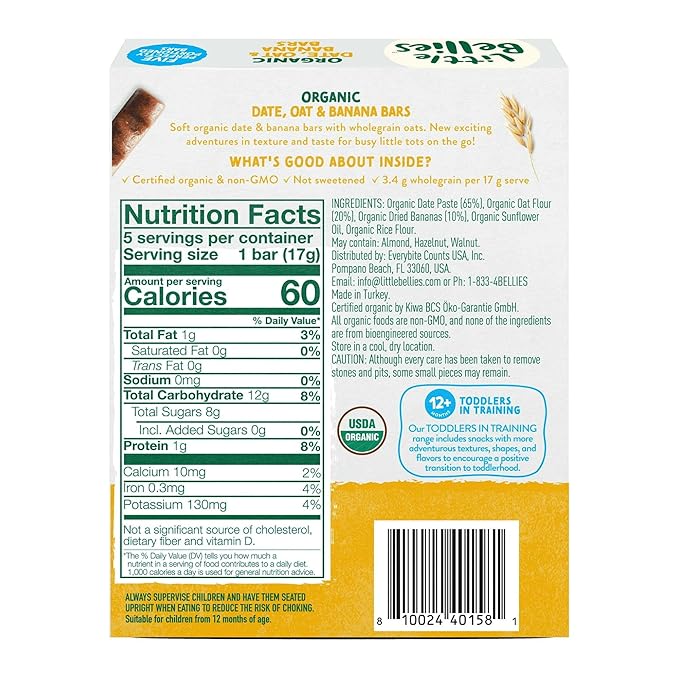 Little Bellies Organic Date, Oat & Banana Bars for Toddlers 12+ Months, 3 oz (5 Bars) - Pack of 6
