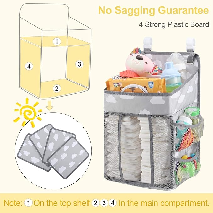 Accmor Hanging Baby Diaper Caddy Organizer, Diaper Stacker, Baby Crib Hanging Classified Storage Bag Organizer for Changing Table, Crib, Playard or Wall & Nursery Organization, Grey Cloud