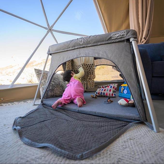 HARPPA Travel Crib with Comfy Mattress, Lightweight Portable Crib Requires No Assembly, Foldable Pack and Play for Baby and Toddlers, Compact Play Yard with Bed,Gray