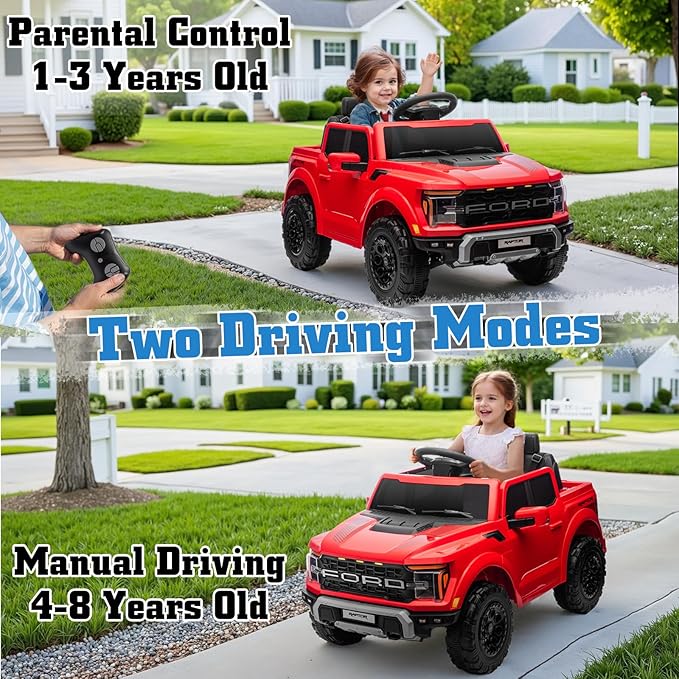 12V Ride on Car Licensed Ford F-150 Raptor, Kids Electric Car with Remote Control, LED Light/Music/MP3, Truck Bed Storage, 3-Point Seat Belt (12V, Red)