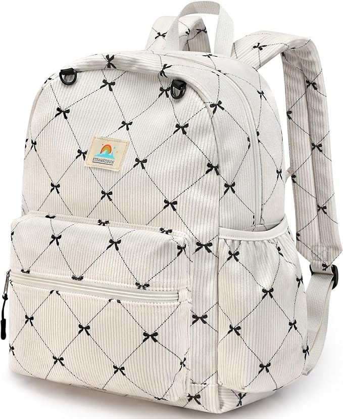 STEAMEDBUN Corduroy Kids Backpack for Girls and Boys 5-8: Girls Backpack for Elementary Kindergarten - 15 inch Cute Backpacks for Kids - Bow
