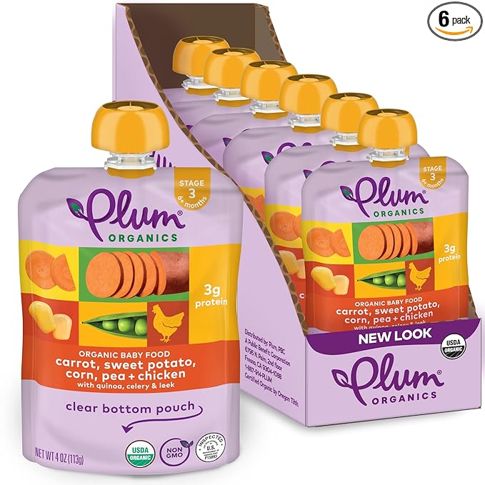 Plum Organics Stage 3 Organic Baby Food - Carrot, Sweet Potato, Corn, Pea, and Chicken - 4 oz Pouch (Pack of 6) - Organic Baby Food Pouch