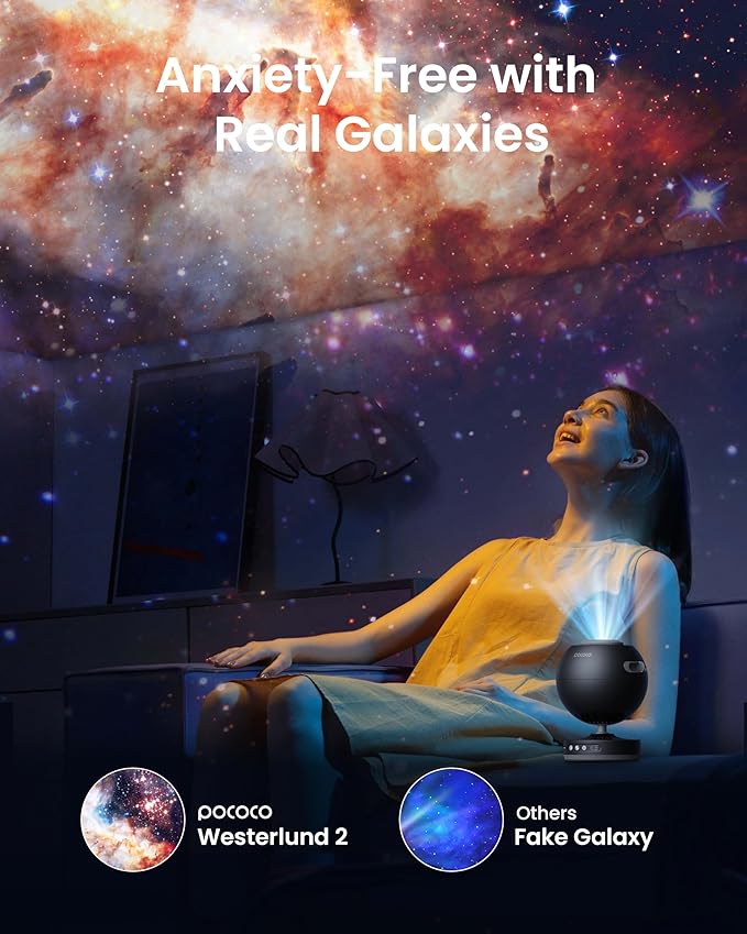 POCOCO Galaxy Star Projector for Bedroom with Replaceable Optical Film Discs, Home Planetarium Night Light Projector with High-Definition Soft Light for Relax, Study, and Meditate, Stress Relief Gifts