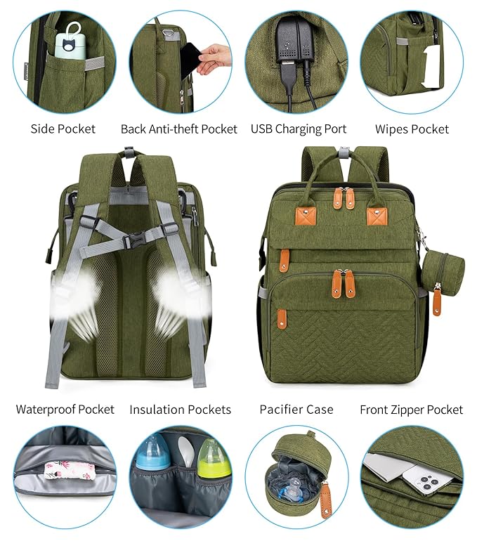 KABAQOO Diaper Bag Backpack with Detachable Changing Station, Large Capacity Baby Diaper Bags for Boys & Girls, Baby Registry Search Stuff & Shower Gifts, Newborn Essentials Must Haves, Army Green