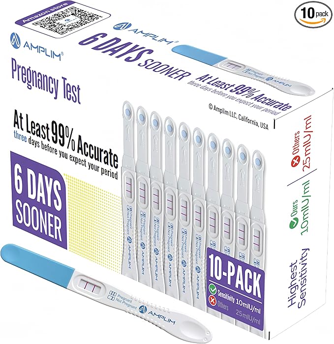 Amplim Early Detection Pregnancy Test Bulk, 10 MIU/mL, 99.9% Accurate HCG Test Midstream, Early Result 6 Days Sooner, Extra Sensitive ept, HPT Easy Home or Clinic Urine Test (10-Pack)