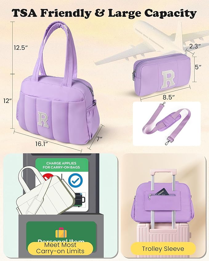 Initial Duffle Bag, Carry On Bags for Women，Overnight Bag with Wet Pocket，Monogram Gifts for Women-Lightweight Travel Bags Personalized Gym Tote with Makeup Pouch