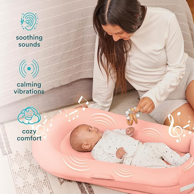 MyBaby 3-in-1 Calming Baby Cushion, Soothing Comfort for Newborns & Infants, Snuggling Sensation, Sound and Vibration, Designed for Safety, Rechargeable & Machine-Washable, by Homedics, Coral