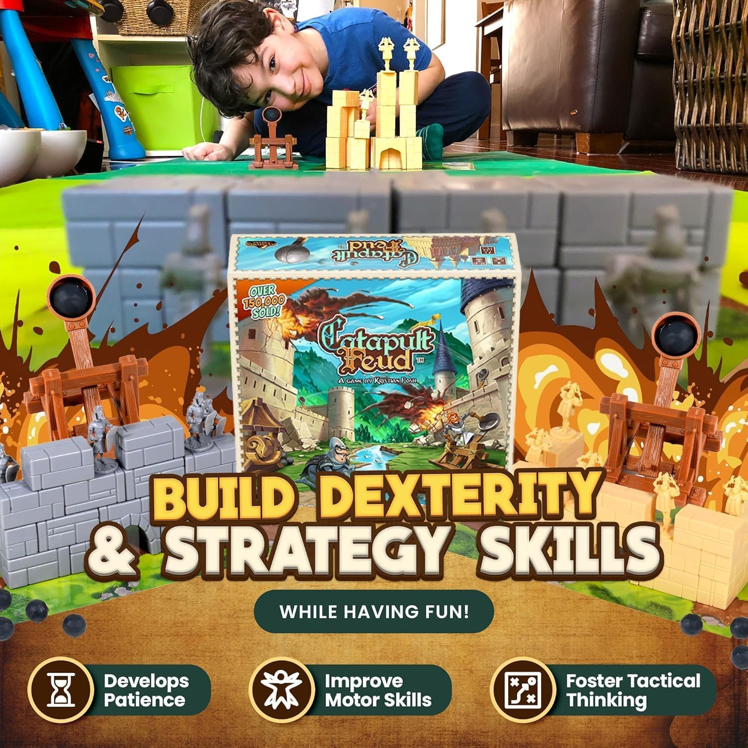 Catapult Feud Board Game – Fun Family Strategy Game for Kids & Adults 7+ – Build Castle Defenses & Launch Epic Battles – Durable – 20-Min Playtime