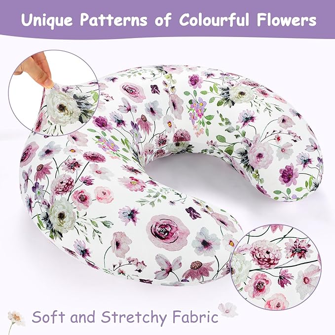 GFU Nursing Pillow Cover for Boys and Girls, Breastfeeding Pillow Case for Newborn, Soft Baby Breastfeeding Pillow Slipcover Colourful Purple Flowers, Stretchy Feeding Cover (Cover Only)