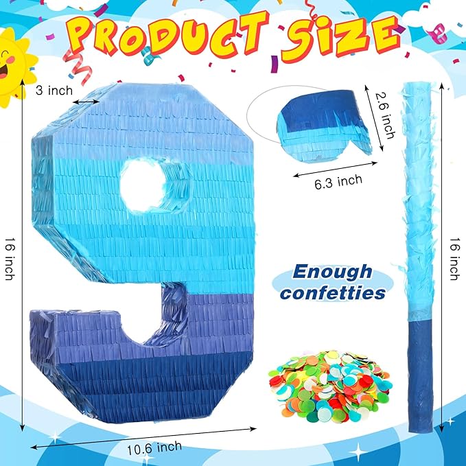 Sratte Number 1 2 3 4 5 6 7 8 9 Piñata with Stick Blindfold Confetti, Gradient Blue Piñata for Kids Boys Girls Birthday Party Anniversary Decorations Supplies(Number 9)