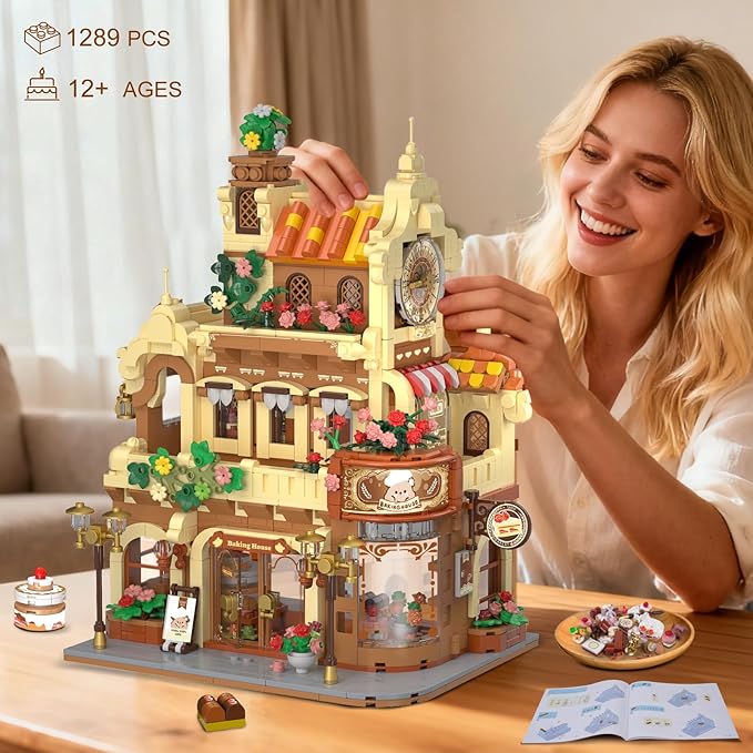 Flower Bakery Coffee House Building Set with Lights, City Cafe Baking House Display Model Toy, 1289 PCS Modular Construction Building Blocks Kit Home Decor, Gift for Adults Teens Girls 12+