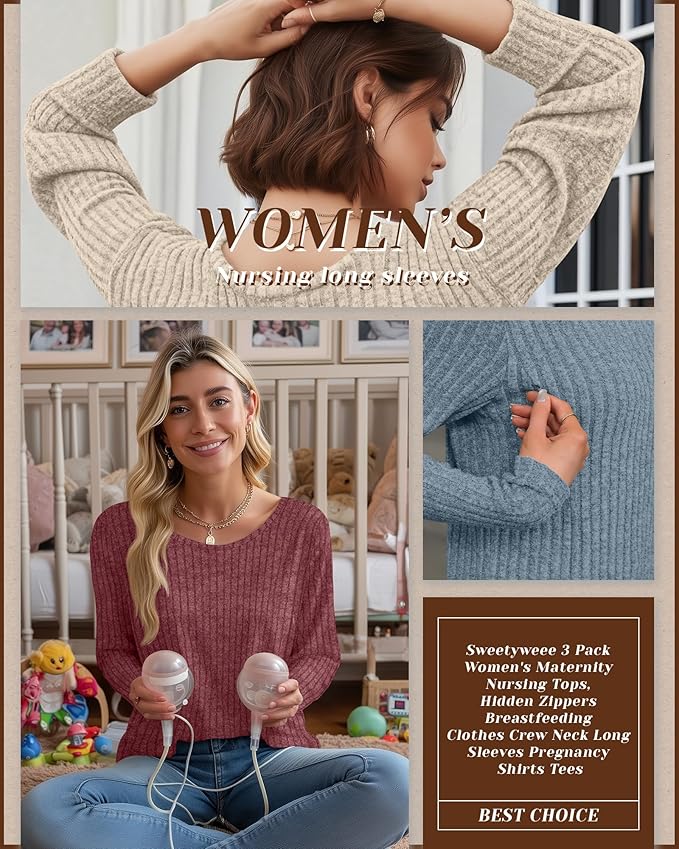 3 Pack Women's Nursing Long Sleeve Tops Breastfeeding Thermal Sweaters with Hidden Zipper Maternity Ribbed Shirts
