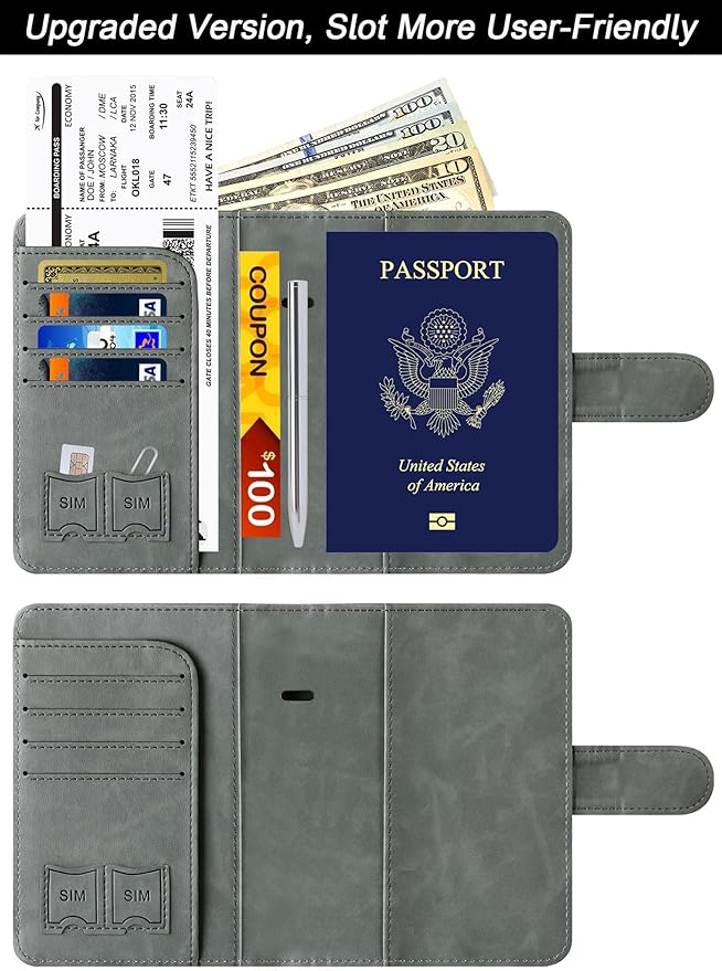 Passport Holder Cover Wallet Travel Essentials Leather Rfid Blocking Case Vacation Luggage Must Haves Travel Accessories for Men Women (120#Grey)