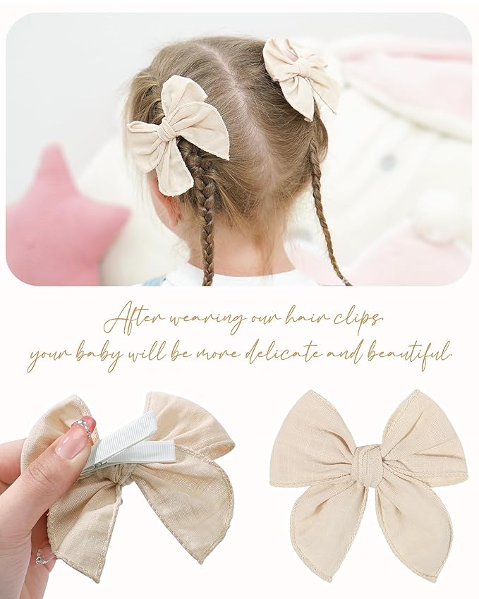 doboi 20PCS Fable Bows 3.6 Inch Hair Clips Baby Girls Hair Clips Cotton Linen Bows for Girls Solid 10 Color Hair Accessories for Baby Toddlers Kids