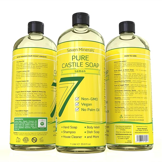 Pure Castile Soap, Lemon - No Palm Oil, GMO-Free - Gentle Liquid Soap For Sensitive Skin & Baby Wash - All Natural Vegan Formula with Organic Carrier Oils (33.8 fl oz)