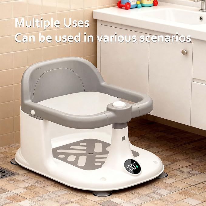 Baby Bath Seat for Infants 6 Months & Up - Adjustable Sitting up Bathtub Chair with Surround Design & Temperature Sensor, Non-Slip 4-Suction Base for Infant Bath Safety (Grey)