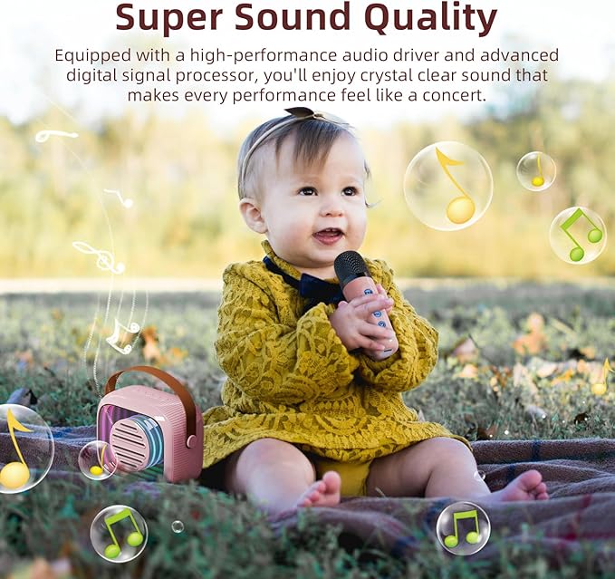 YF93 Kids Karaoke Machine with 7 Voice Effects, Bluetooth & Colorful LED Lights – Portable Singing Toy with Pro, Monster, KTV Modes for Home Parties（Pink）