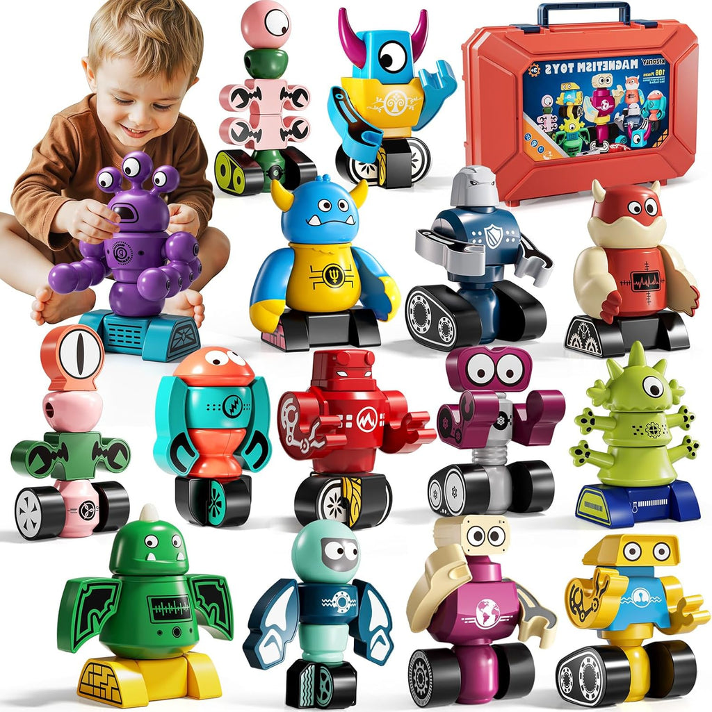 Magnets Robot Building Toys for Kids Ages 3-5 4-8 - 106 PCS Monsters Toys Robot Stacking Building Blocks Set with Storage Box, Creative Learning Christmas and Birthday Gifts for Boys Girls 2-4