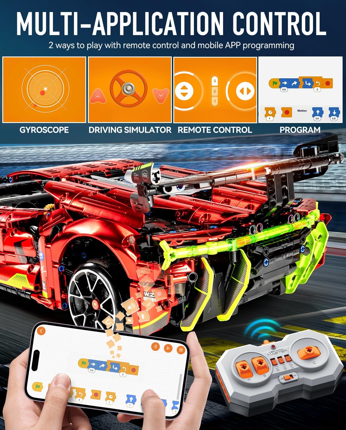 BAV Plated Sports Car Building Sets with Electric Chassis Lifting, Colletible Building Model for Adults, 1:10 Scale Electric Driftable Remote Control Technic Sports Car for Adults Men Teens.