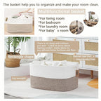 COMFY-HOMI Large Laundry for Organizing|Rectangle Cotton Rope Storage with Handles|Blanket for Living Room|Woven Laundry for Towels, Toys, Clothes-22x15x12”-White/Brown