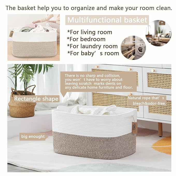 COMFY-HOMI Large Laundry for Organizing|Rectangle Cotton Rope Storage with Handles|Blanket for Living Room|Woven Laundry for Towels, Toys, Clothes-22x15x12”-White/Brown