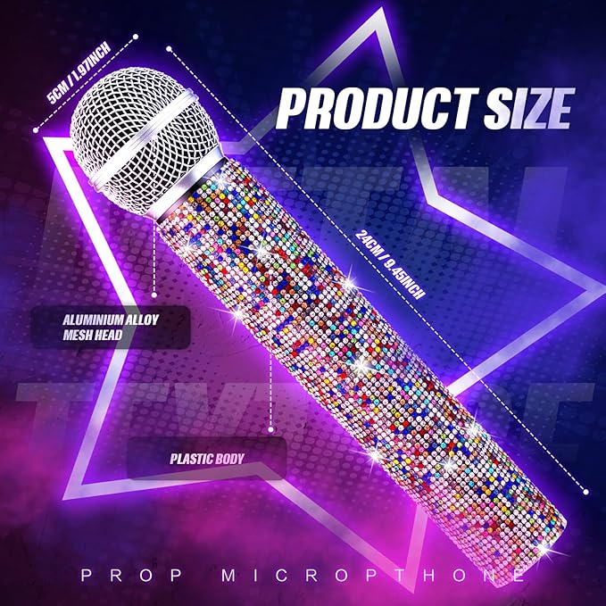 Sanwuta Fake Microphone Prop Sparkly Bling Rhinestones Plastic Play Microphone Pretend Glitter Bedazzled Mic for Cosplay Party Costume(Colorful)