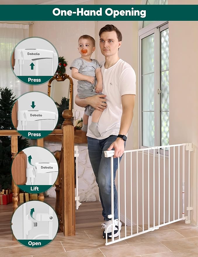 Babelio Easy to Remove & No Bottom Bar Baby Gate, 29-43", 36" H Extra Tall Hardware Mounted (Drill Needed)| Wide Walk-Thru| Auto-Close Safety Dog/Pet Gate for Stairs & Doorways (White)