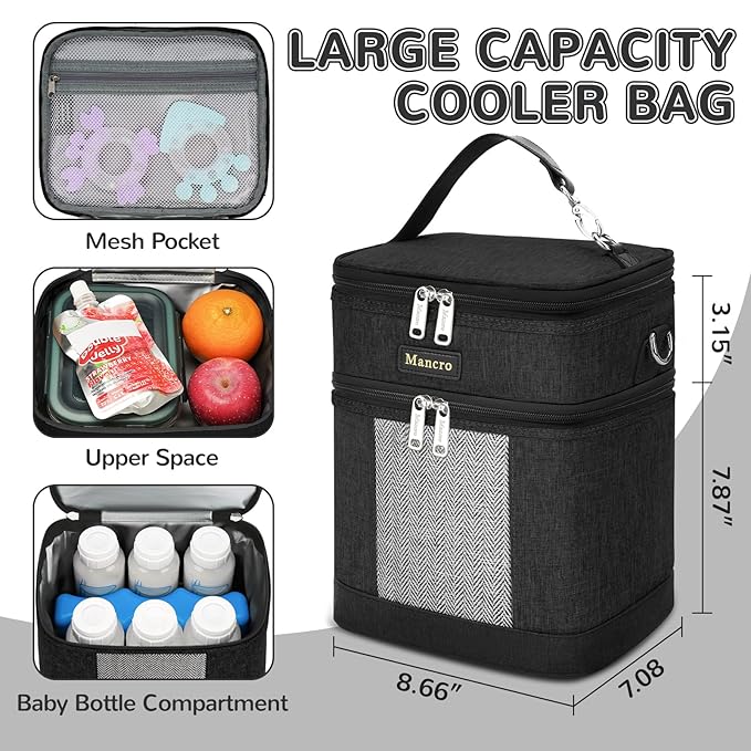 Mancro Breast Milk Cooler Travel Bag with Ice Pack, Double Layer Baby Bottles Bag for Daycare Fits 6 Baby Bottle up to 9 Ounces, Breast Pump Bag for Nursing Moms with Shoulder Strap, Black