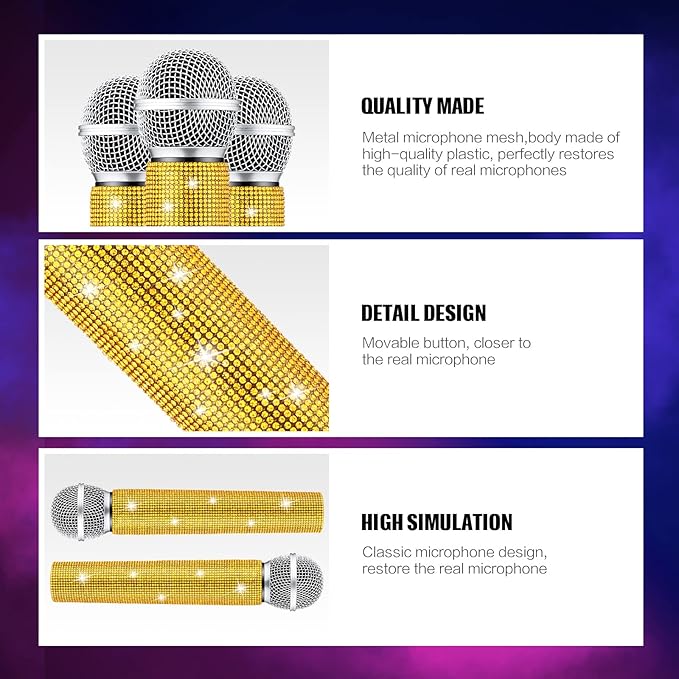 Sanwuta Fake Microphone Prop Sparkly Bling Rhinestones Plastic Play Microphone Pretend Glitter Bedazzled Mic for Cosplay Party Costume(Gold)