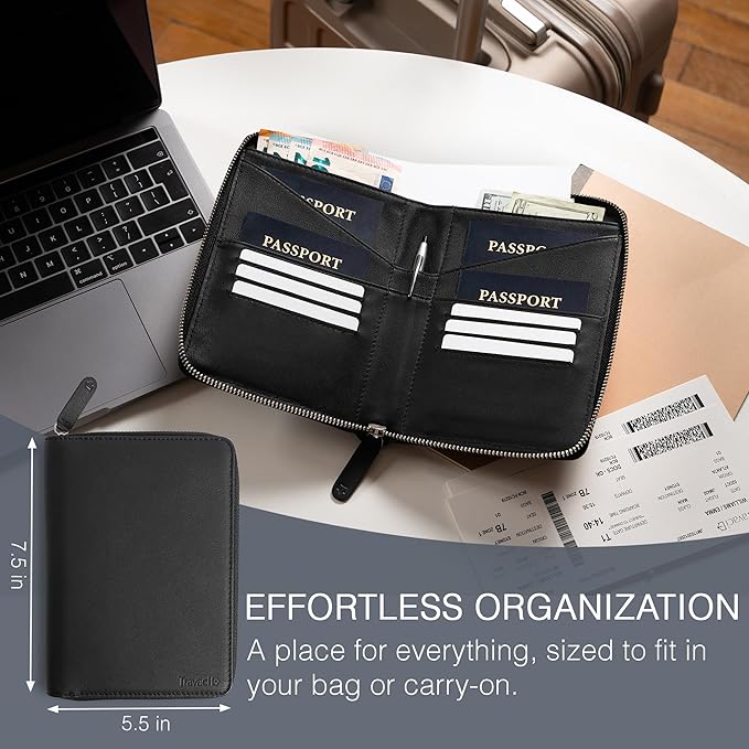 Full Grain Leather Family Passport Holder for 2-4 Passports - RFID Passport Holder and Travel Document Organizer - Large Leather Travel Wallet for Couples and Families - Black